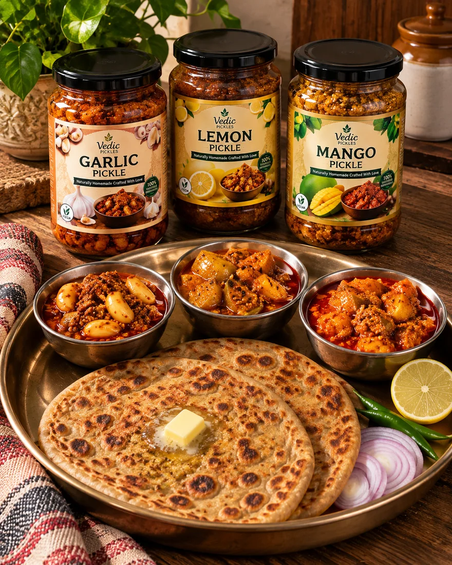 Vedic Pickles Garlic, Lemon and Mango pickle jars with the pickles served in brass bowls on a thali with parathas